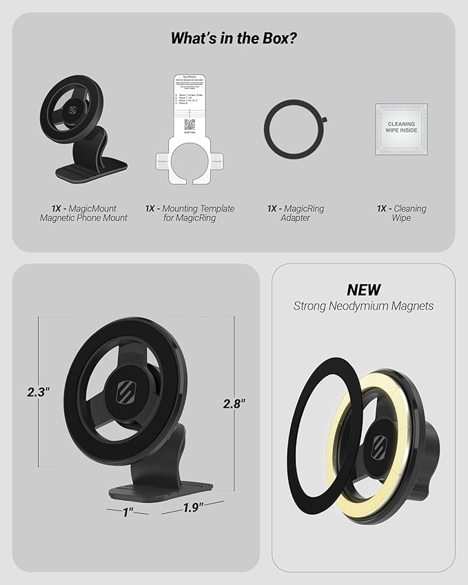 Scosche MagSafe Car Mount, Magnetic Dashboard Phone Holder for Car with 3M Adhesive Base, Strong Magnet Hold, 360° Rotatable Cell Phone Car Mount for iPhone 17/16/15/14/13/12, Includes Magnetic Ring
