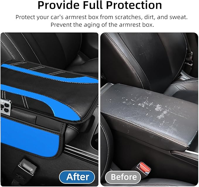 NBTEPEM Blue Center Console Cover, Sporty Leather Armrest Cover Cushion with 2 Storage Pockets, Universal Auto Middle Console Protector, Car Interior Accessories for Most SUV, Truck, Sedan Vehicles