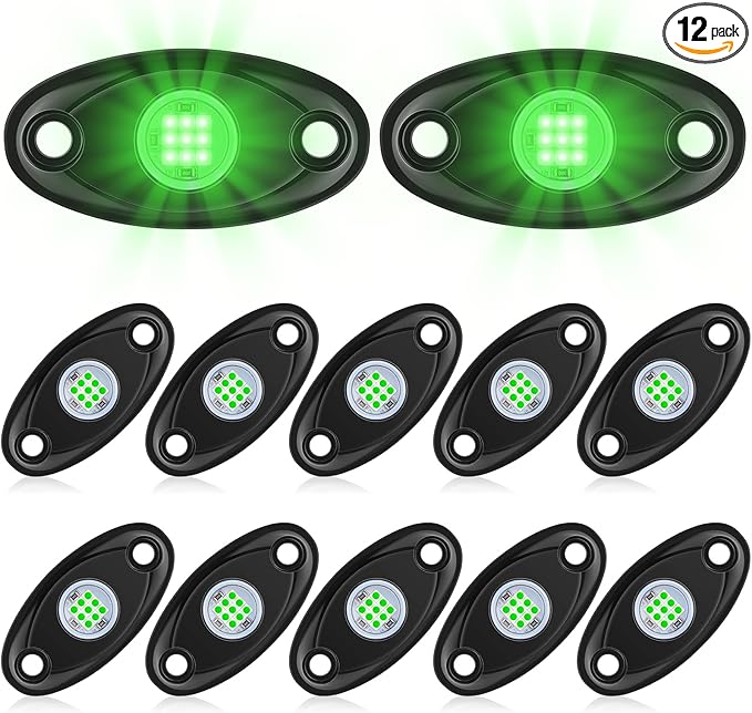 Macarrie 12 Pods Rock LED Lights for Car SUV Underglow Lights Waterproof Neon Trail Rig Lamp Lighting for Truck Motorcycle Boat ATV UTV and More(Green)