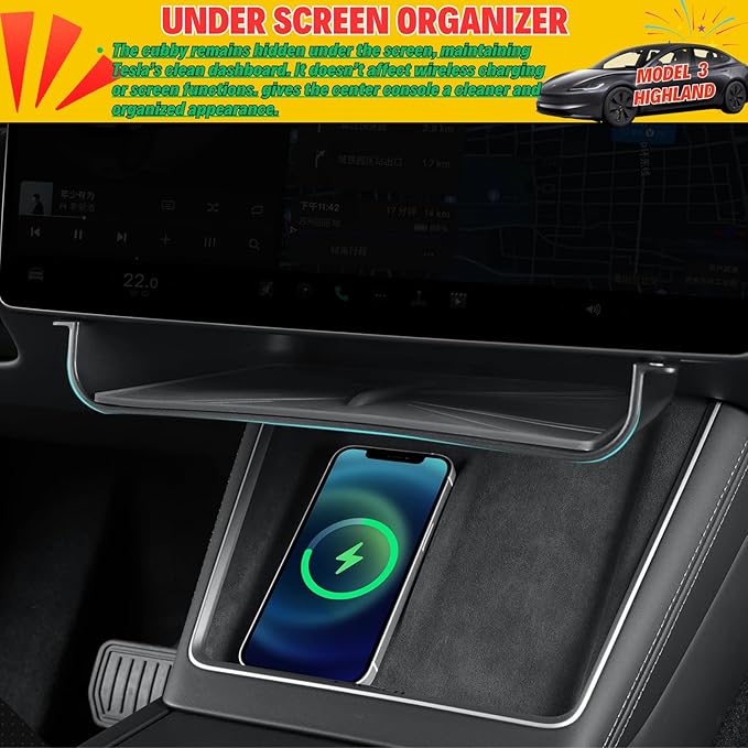 Under Screen Storage Compatible with 2025 2026 New Tesla Model Y Juniper & Model 3 Highland Center Console Organizer Tray Hidden Compartment Hanging Box Interior Accessories - ABS, Black