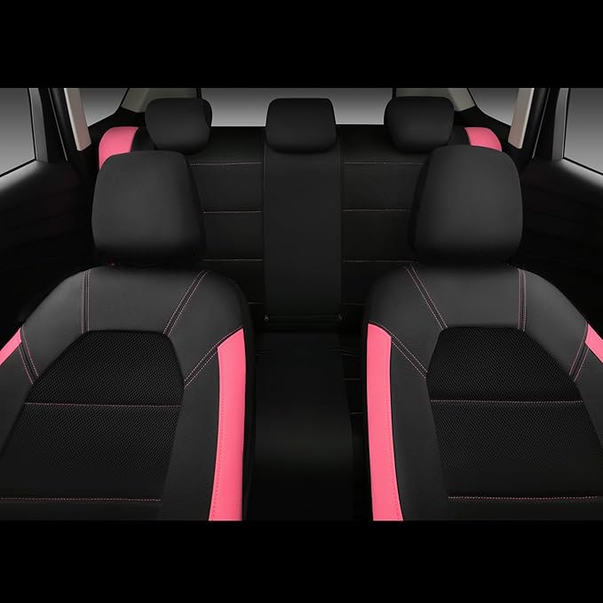 CAR PASS Leather Seat Covers, Breathable Universal Car Seat Cover Full Set for Cute Women Girly,Super 5mm Composite Sponge Inside,Airbag Compatible fits Most Auto,SUVs,Trucks,Vans(Black&Pink)