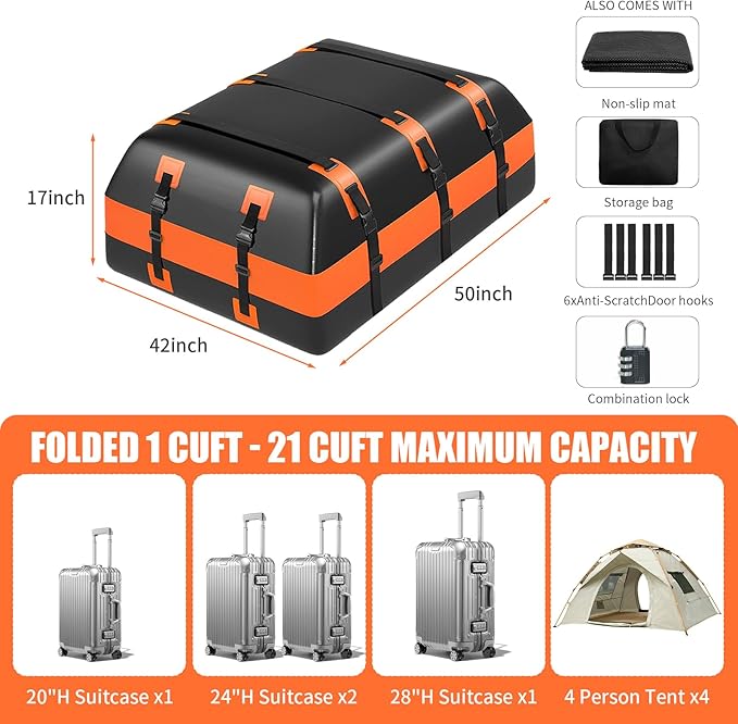 21 Cubic Feet Car Rooftop Cargo Carrier Bag,100% Waterproof Heavy Duty 840D Rooftop Cargo Bag for All Vehicle with/Without Racks,Includes Anti-Slip Mat,6 Door Hooks,Luggage Lock and Storage Bag