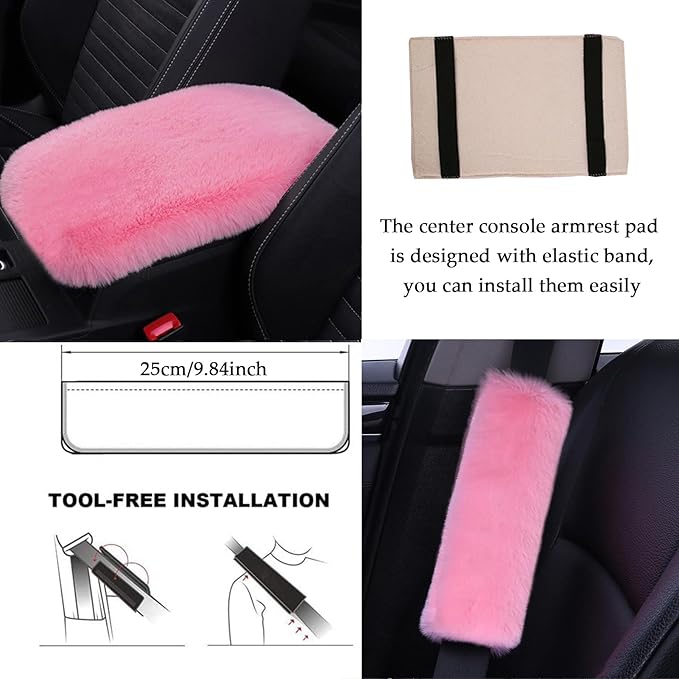 ZYNQACC 9 Pack Cute Bear Fluffy Car Accessories for Women Girls,Kawaii Fuzzy Steering Wheel Cover Universal 15 inch Plush Cute Ears (Pink)