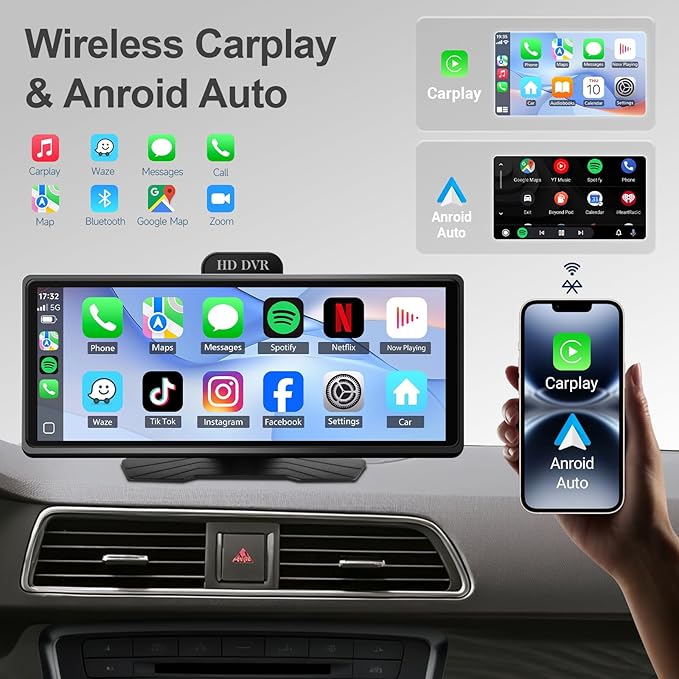 Wireless CarPlay & Android Auto – Effortlessly Connect Your iPhone or Android Device for Seamless Smartphone mirroring, Navigation, and app Control Without Cables.