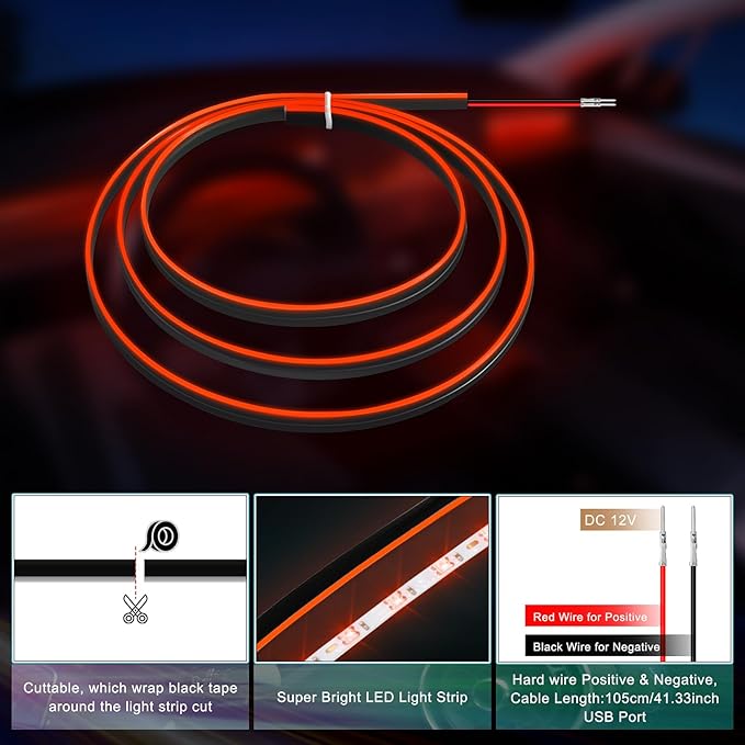 Acrylic Interior Car LED Strip Light with 6mm Sewing Edge - 43.3 inches Ambient Lighting Kits, Neon LED Strip Light(110CM/43.3IN, Amber)