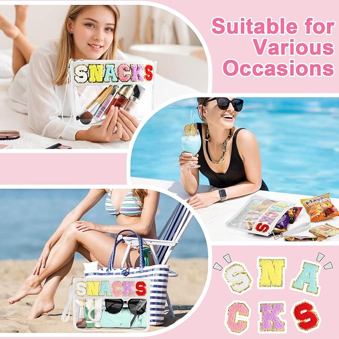 Snack Bag for Travel - Clear Chenille Varsity Letter Flat Pouch with Zipper, 12.2×8.46 inch Waterproof Clear Nylon Preppy Patch Makeup Cosmetic tote Bags for Women Girls