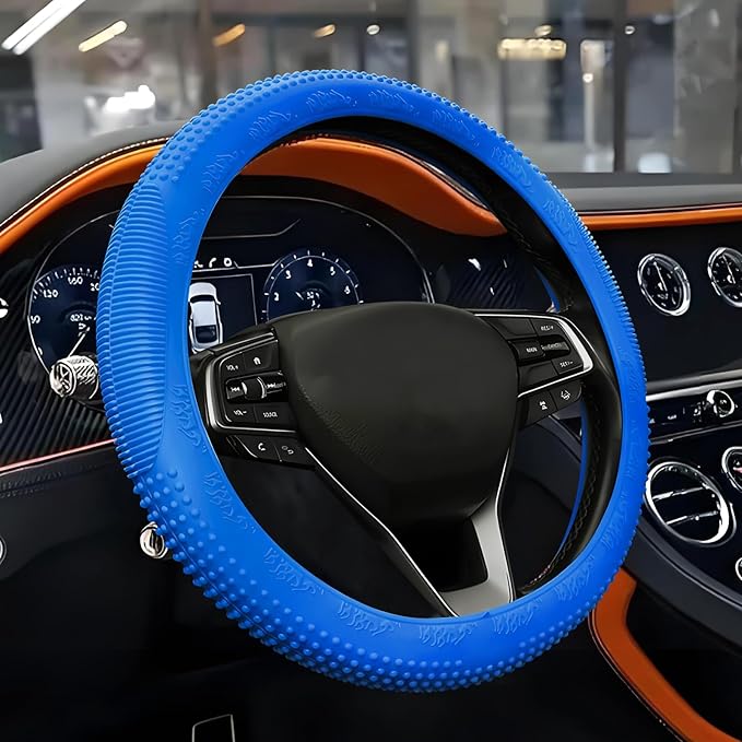 Wuyaoyao Car Steering Wheel Cover, Anti-Slip Silicone Steering Wheel Cover Protector, Non-Slip Massage Grip Auto Wheel Cover Fits 14-15 Inch, Universal Interior Car Accessories (Dark Blue)