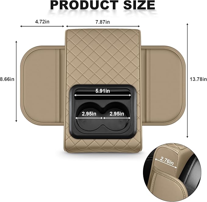Center Console Cover Fit for Kia Sorento 2003-2025 with 2 Storage Bags Waterproof Leather Quilted Pattern Car Armrest Cover Cushion Elevating Pad Anti-Slip(Beige)
