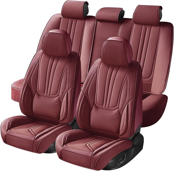 Car Seat Covers, Premium Leather Car Seat Covers, Waterproof and Breathable Seat Covers, Universal Car Seat Protector Fit for Cars, Trucks, SUVs, Pick-ups (Wine Red, FullSet)