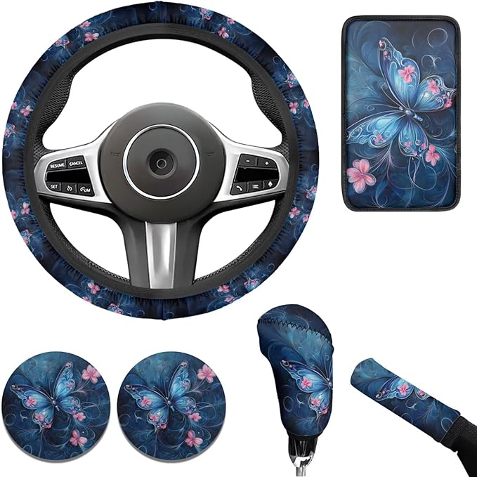 Blue Butterfly Print 6pcs Car Steering Wheel Cover Set Flower Cup Coaster Handbrake Gear Cover Armreat Cushion Car Interior Decor Protector Fit for SUV Truck Sedan