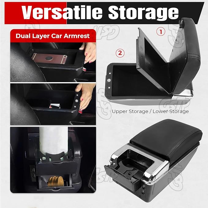 Center Console Armrest Compatible with Toyota Yaris iA Sedan 2017 2018 with 7 USB Port Cup Holder Double Layer Organizer Storage Box (All Black)