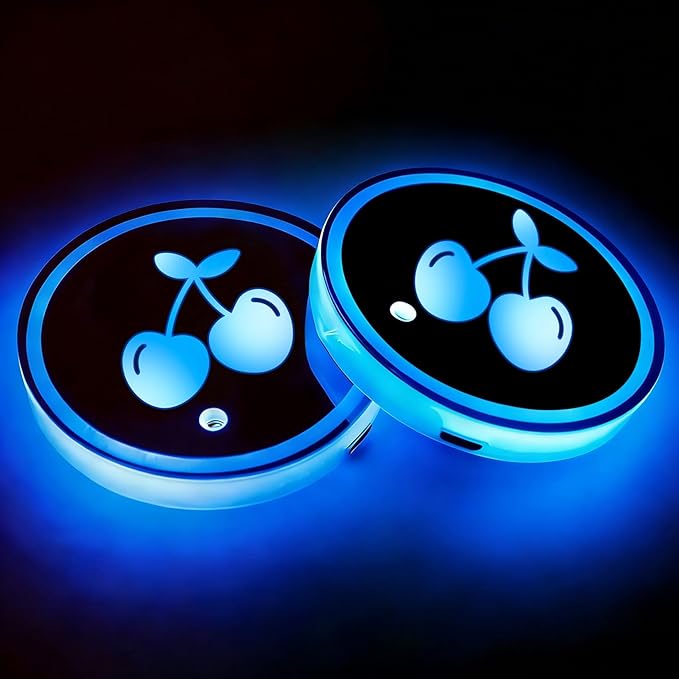 Cherry LED Cup Holder Lights for Car,2Pcs LED Light Up Cup Holder Coasters with USB Charging 7 Colors 3 Modes,Waterproof Interior Atmosphere Lamp,Car Decor Accessories Cherry Gifts for Women Men