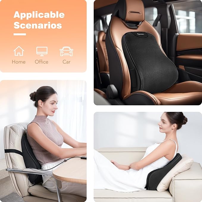 KNQZE Lumbar Support Pillow for Office Chair, Heated Back Support Pillow with Vibration, Back Massage for Pain Relief, 3 Heating Levels & 4 Motors & 3 Intensities, at Home Office Car Sofa - Black