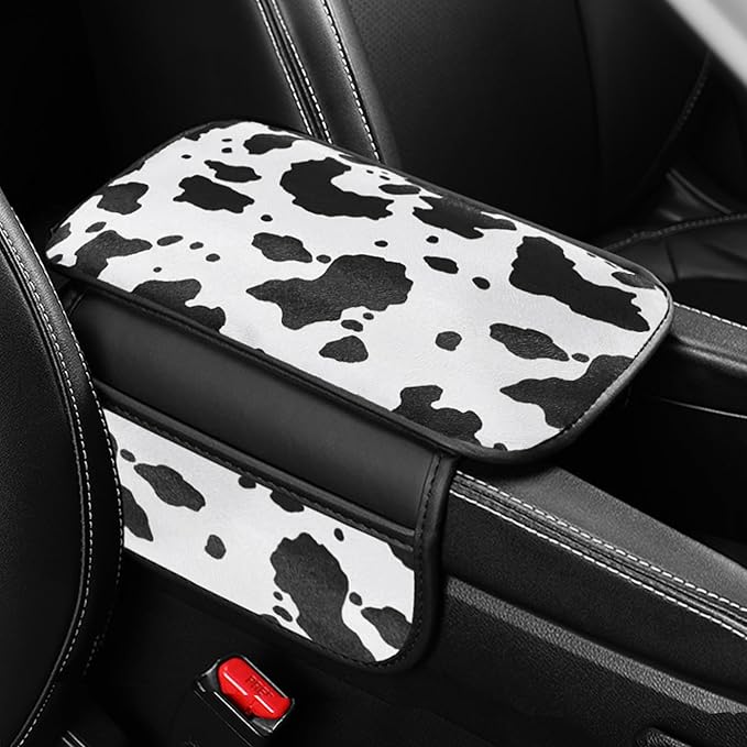Cow Print Car Center Console Cover PVC Leather Armrest Cushion with 2 Storage Bags Universal Car Armrest Seat Box Pad Car Interior Accessories Protector for Women Men (White Black)