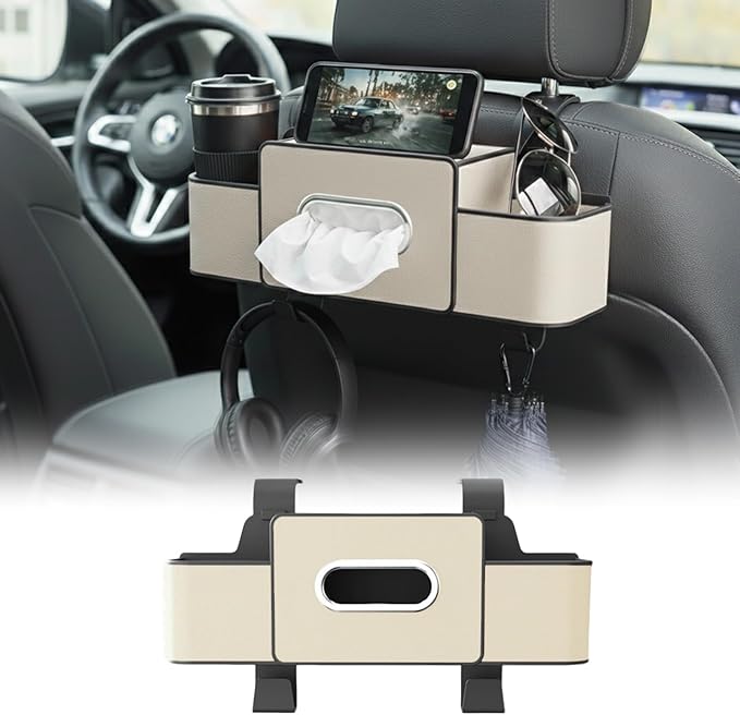 Multifunctional 3‑in‑1 Car Seat Back Storage Box Organizer with Cup Holders, Tissue Box Slot & Headrest Hooks – Backseat Car Organizer for Phones, Snacks, Drinks, Bags, Travel Storage (White)