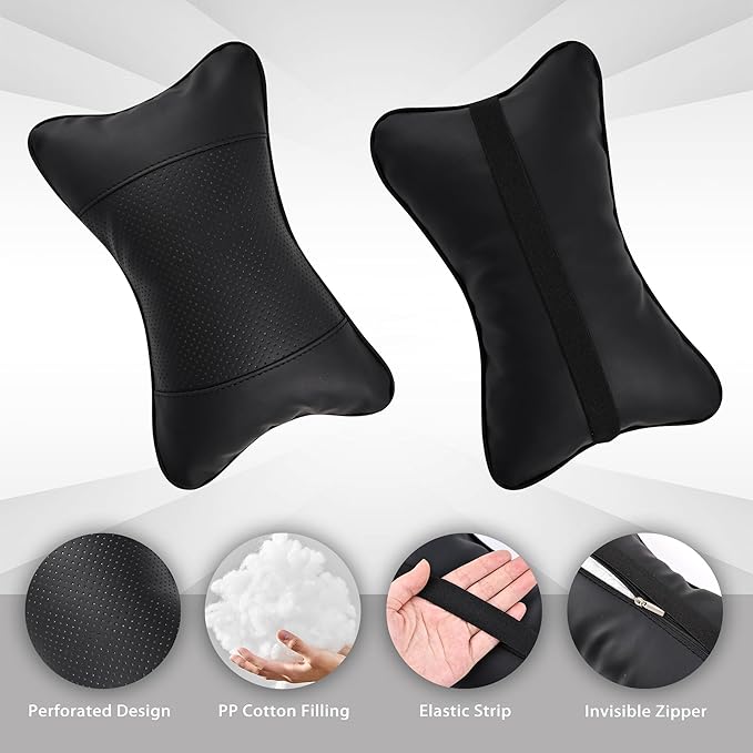 2 Pack Car Neck Pillow Soft Breathable Headrest Pillows for Driving Support, Universal Fit for Most Car Seats Decor Accessories（Black）