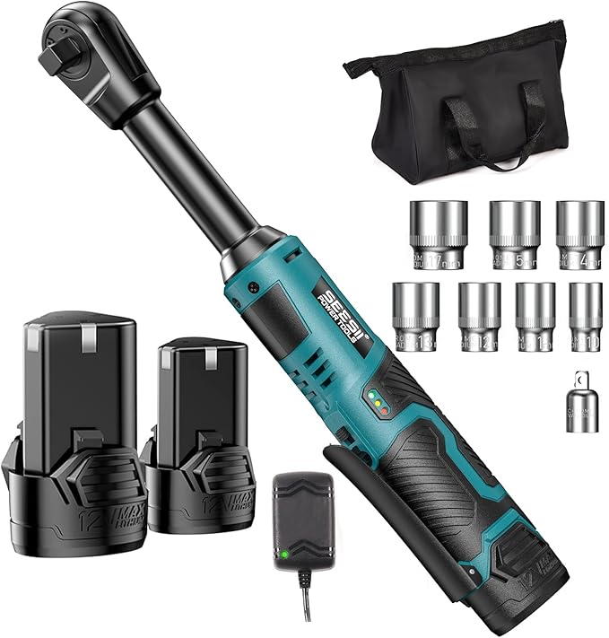 Seesii Extended Cordless Electric Ratchet Wrench 3/8", 40 Ft-lbs Torque, 6" Long Neck, 220RPM, 2 Pack 2.0Ah Battery, Fast Charger, 1/4 Drive Adapter, 7 Sockets, for Car Repair, DIY