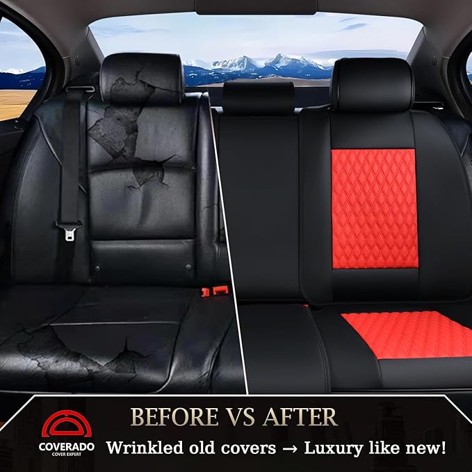 Coverado Leather Rear Seat Covers for Cars, Waterproof Back Seat Cover, Universal Automotive Seat Cushion Protector for Most Cars Trucks SUV (Black & Red Line)