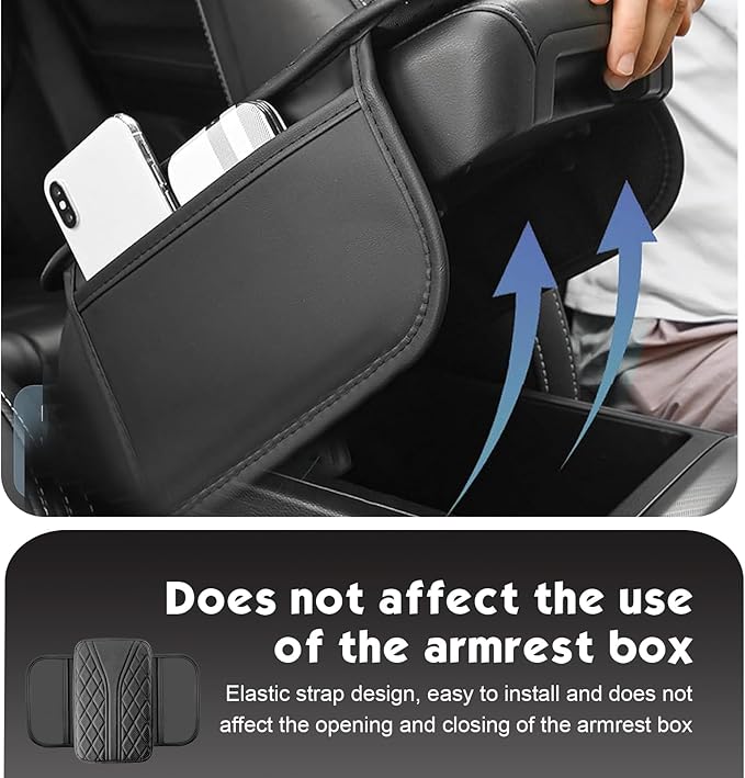 Car Center Console Cover, Leather Automotive Armrest Cushion with 2 Storage Bags, Breathable Armrest Cover, Universal Waterproof Arm Rest Protection Pad for SUV, Sedan, Truck (Black)