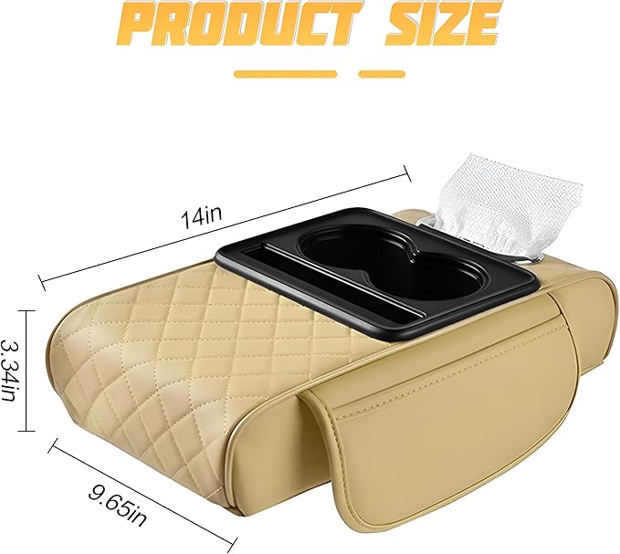 Zpana Car Center Console Armrest Pillow, Memory Foam Leather 4 in 1 Vehicle Arm Rest Cover with Tissue Box 2 Side Storage Bag Cup & Phone Holder, Auto Armrest Cushion, Universal Fit (Beige)