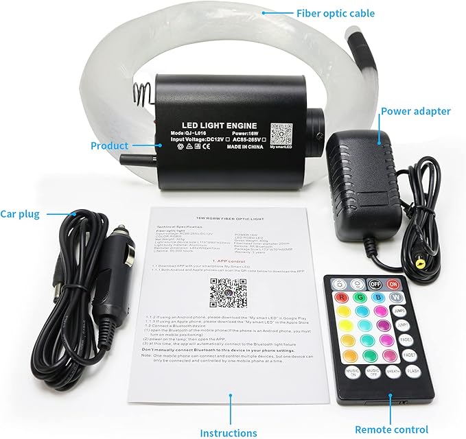 AMKI 16W Fiber Optic Lights,Starlight Headliner Light Kit APP/Remote Control Sound Activated Mode for Car&Home Decoration,Optical Fiber Cable Strands (0.75mm+1mm+1.5mm) 9.8ft/3m Long 430pcs