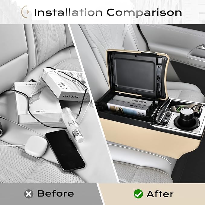 Coverado Universal Car Center Console with Wireless Charging & Cup Holder, Back Seat Organizers, Rear Bench Seat Central Armrest Box with Storage, for Most Vehicles, Easy Install, Beige