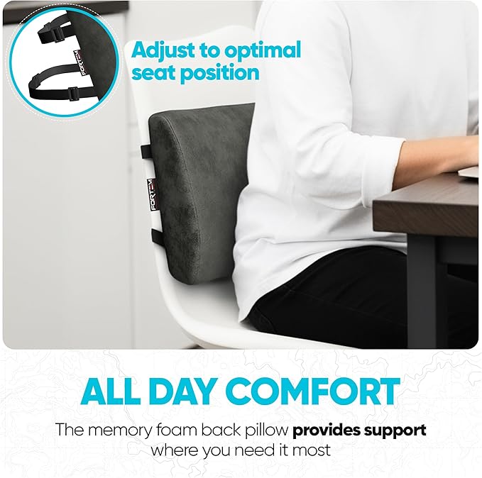 FORTEM Lumbar Support Pillow for Office Chair, Lumbar Support Pillow for Car, Back Rest for Gaming, Memory Foam Pillow, Desk Chair Cushion, Breathable & Washable Cover, Adjustable Straps