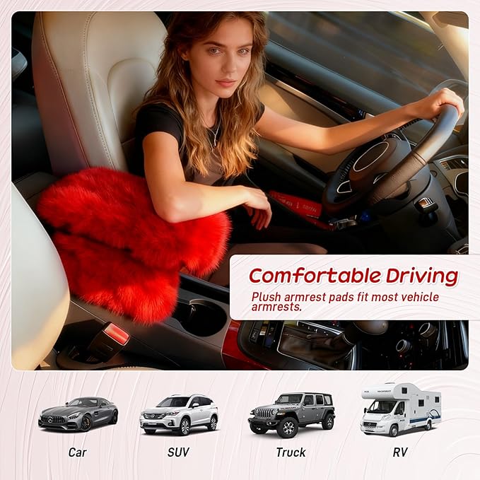 Fluffy Car Armrest Cover with Side Pockets – Plush Fuzzy Fur Center Console Armrest Cushion Pad, Universal Winter Car Interior Protector, Soft Arm Rest Cover with Storage for Women & Men (RED)