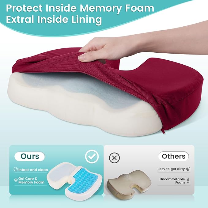 Office Chair Seat Cushion, Cooling Gel Enhanced Memory Foam Cushion for Long Sitting - Back, Sciatica, Coccyx, Tailbone Pain Relief Pillow - for Office, Gaming, Car, Wheelchair - Red, X-Large