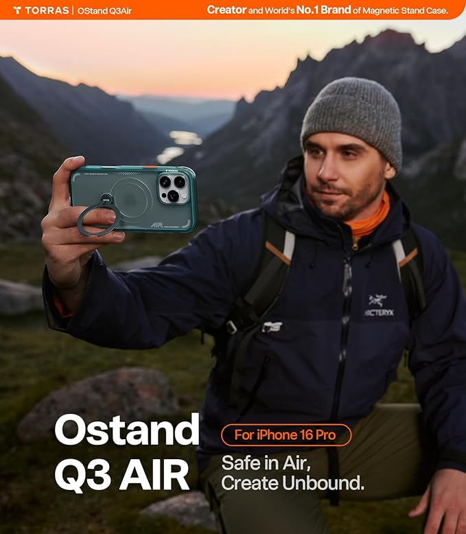 TORRAS Ostand Q3 Air for iPhone 16 Pro Case 6.3'' with Real Airbags, Fit for MagSafe, 360 Magnetic Stand, Mil-Grade Protection, Camera Control Button, Shockproof & Stylish Case for iPhone 16 Pro, Blue