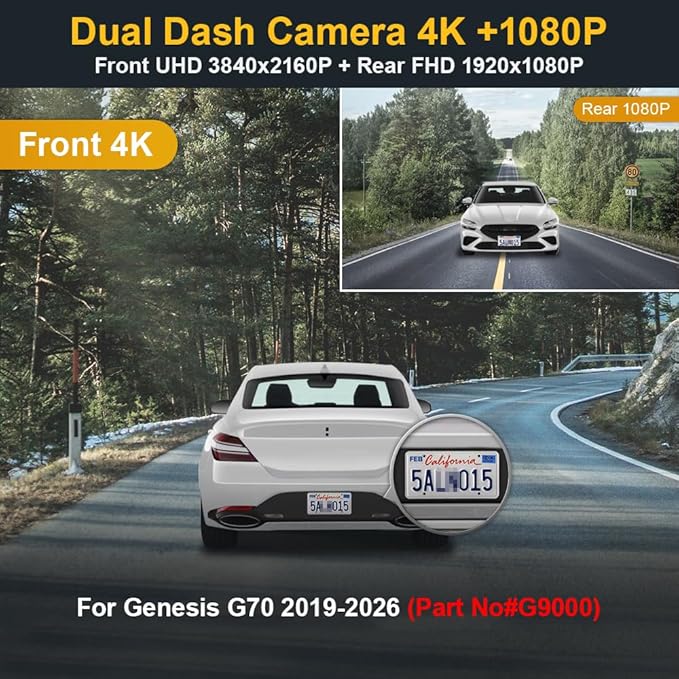 Fitcamx Dual 2160P+Rear 1080P Dash Cam Adapts for Genesis G70 2019-2026 (Part No#G9000), Integrated OEM Look, Dual HD Video, WiFi & APP, Loop Recording, Gravity Sensor, Easy to Use, 128GB Card
