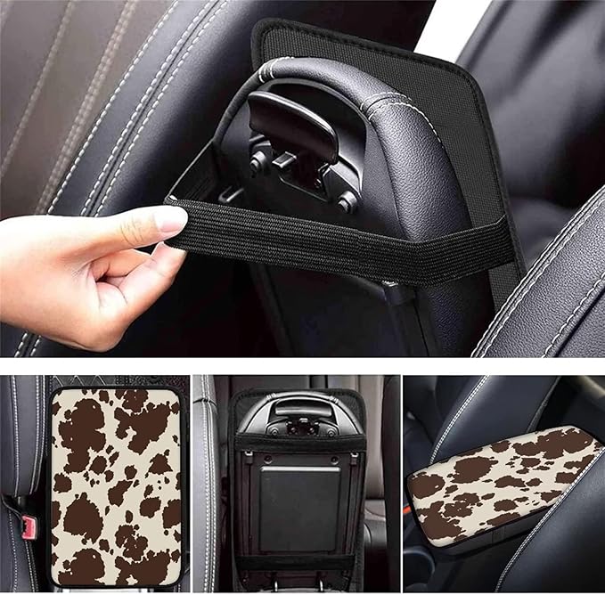 Dreaweet Brown Cow Print Auto Center Console Pad, Breathable Car Armrest Seat Box Cover Protector Universal Fit Cushion for Most Cars