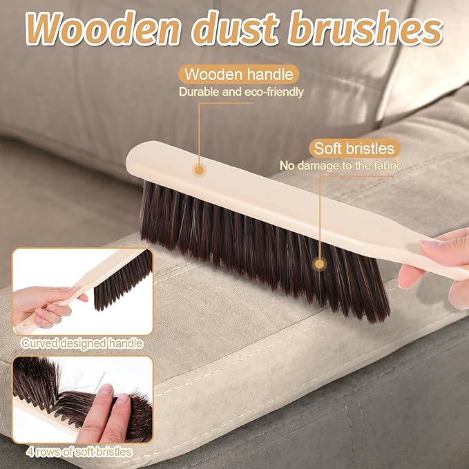 8 Pieces Hand Broom Brush Woooden Dust Brush Bulk Bench Brushes with Long Wood Handle Soft Bristle Whisk Broom Hand Held for Counter Bed Sofa Bench Car Fireplace Clothes Household Cleaning