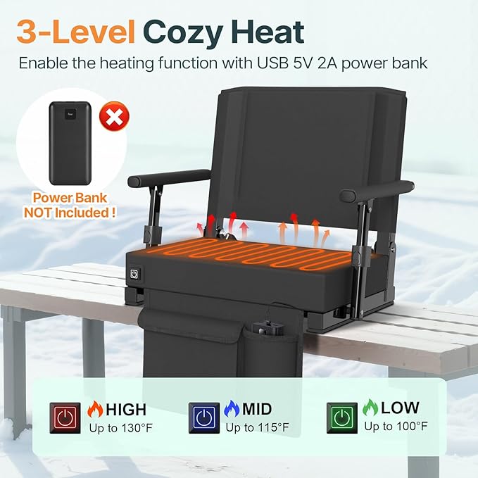 HOPERAN Heated Stadium Seats for Bleachers with Back Support, 3 Levels Heating Bleacher Chairs with Back and Cushion, Folding Bleacher Seat, Lightweight Portable Stadium Chair with Shoulder Strap