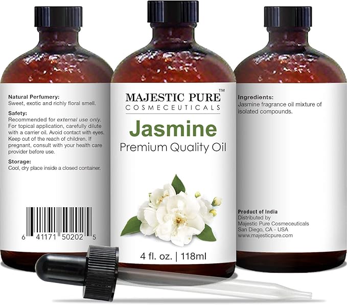 Majestic Pure Essential Oil with Glass Dropper - 100% Pure and Natural - Essential Oils for Diffuser, Aromatherapy, Soap and Candle Making, Jasmine Essential Oil, Jasmine Oil, 4 Fl Oz (Pack of 2)
