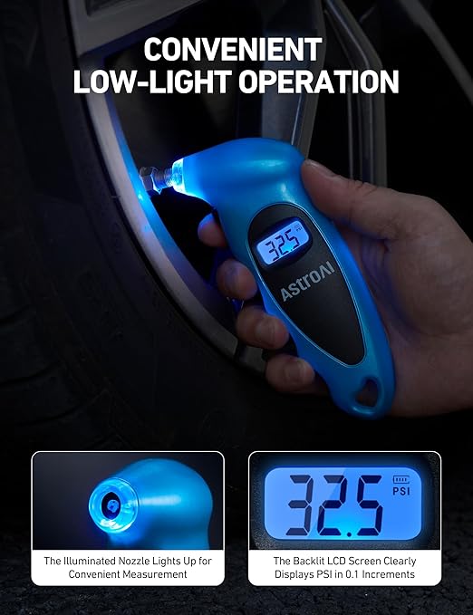 AstroAI Digital Tire Pressure Gauge 0-150PSI Calibrated to ANSI B40.7 +/-1PSI, Accurate in 0.1 Increments, Tire Repair Tools 4 Pressure Measurements for Car Truck with Backlight LCD, Blue