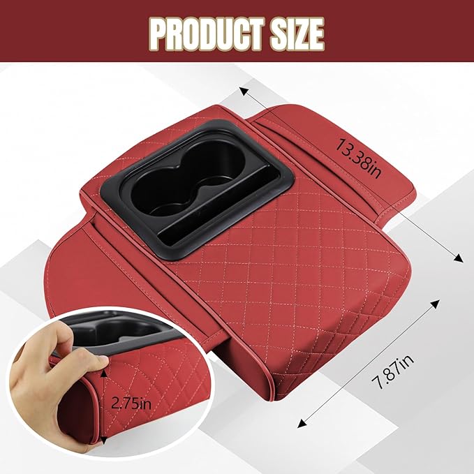 Hovom Car Center Console Cover, 13.39"×7.87"×2.76" Leather Armrest Cover for Cars, Memory Foam Armrest Pillow with Pocket, Cup Holder & Phone Slot, Universal Vehicle Arm Rest Cushion Pad (Red)