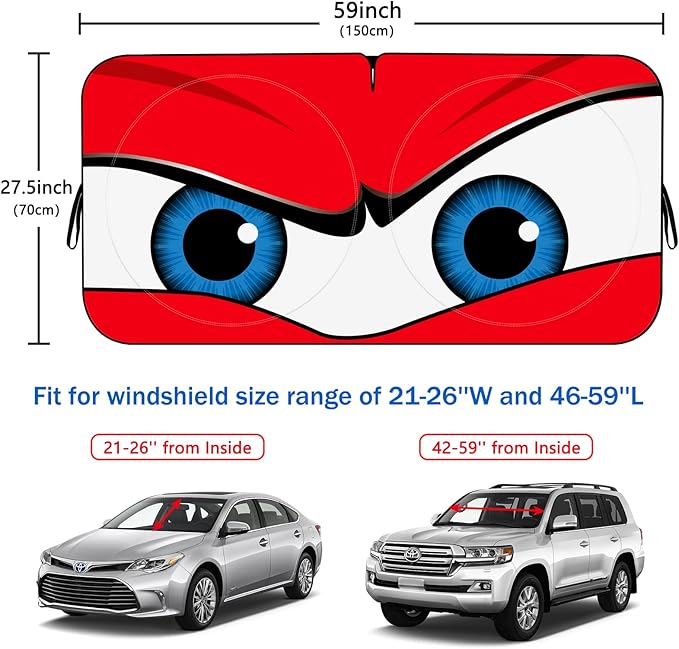 Car Windshield Sun Shade, Funny Eyes Visor for Car Windshield, Wear-Resistant Black Tape, Foldable 59‘’x27.5‘’/63''x31.5''