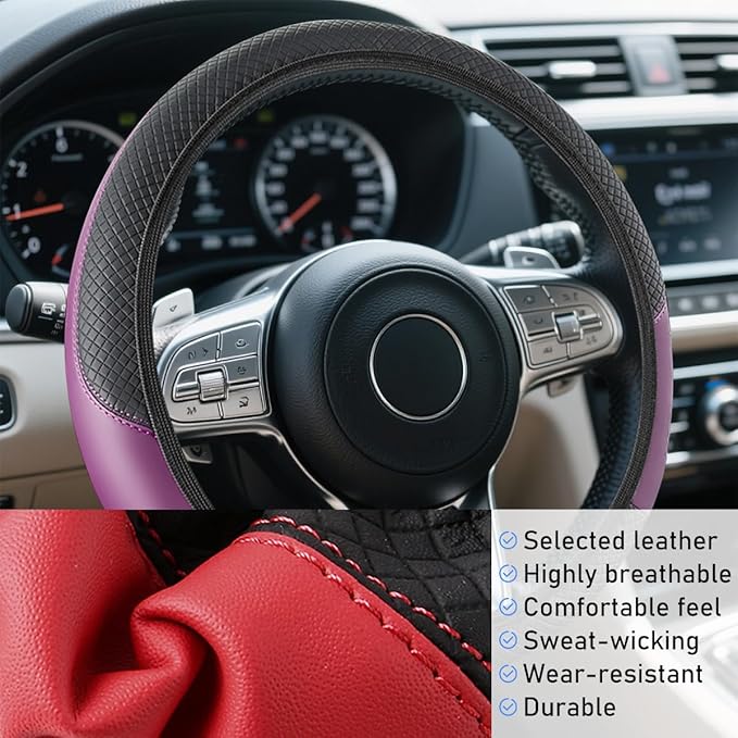 Car Steering Wheel Cover, Elastic Stretch Leather Non-Slip Vehicle Steering Wheel Guard, Automotive Interior Protective Decor Accessories, Universal for SUV RV Truck (Black/Purple)