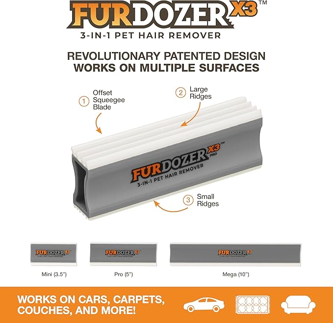 FurDozer Pet Hair Remover & Auto Detailing Tools - Cat & Dog Hair Remover for Carpets, Car Interiors, Couches, Bedding, & Pet Furniture (Gray, X3 PRO - 5" Long)