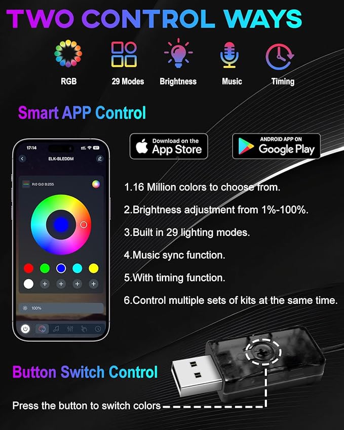 Interior Car LED Strip Lights, 5M 16FT Ambient Lighting Kits, Button Switch & APP Bluetooth Control, Music Sync Fiber Optic Cars Interior Neon Light Strip, USB 5V for Car Inside Decoration