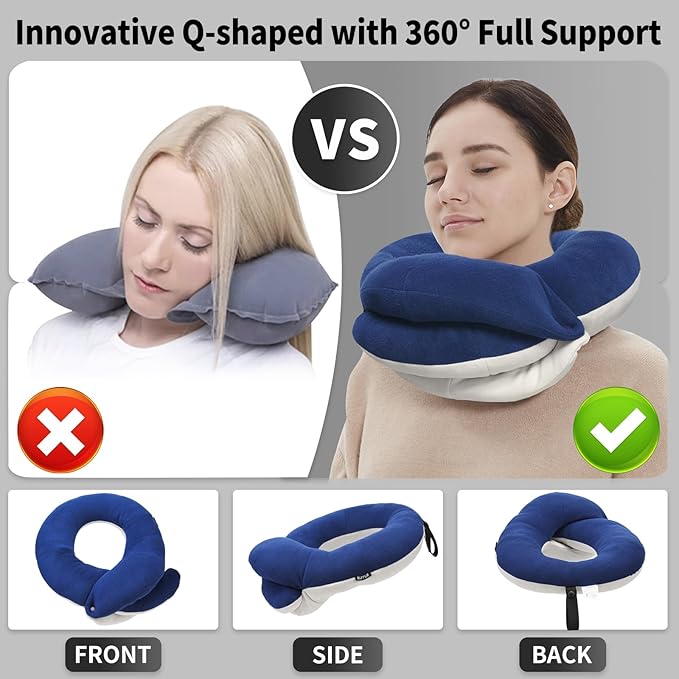 BUYUE Travel Neck Pillows for Airplanes, 360° Head Support Sleep for Long Flight, Skin-Friendly & Breathable, Kit with 3D Contoured Eye Mask, Earplugs and Storage Bag (Adult, Navy, 90+ lbs)