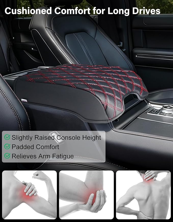 Center Console Armrest Cover Compatible with 2015-2020 Ford F150 Accessories, 2017-2022 F250 F350 F450 F550, 2018-2024 Expedition, Anti-Scratch, Black-Red Stitch(Fits Bucket Seat Only)