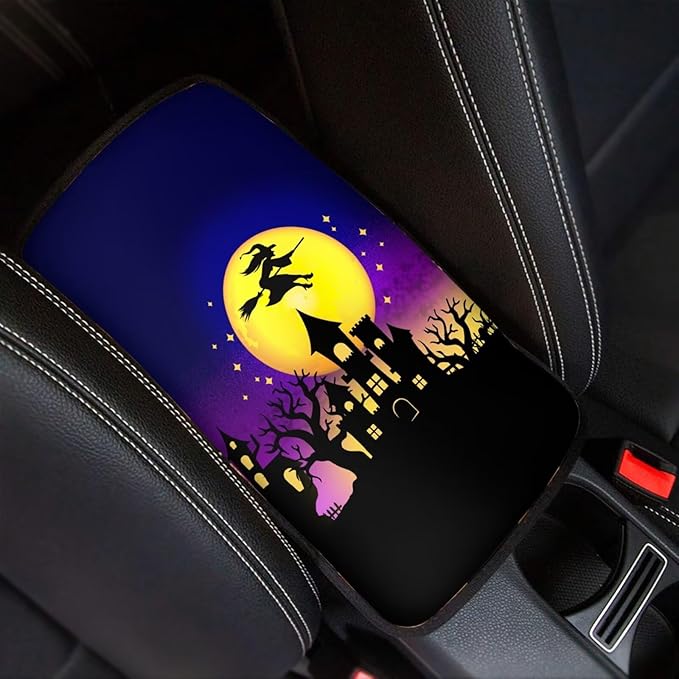 Halloween Moon Witch Car Armrest Pads Car Armrest Cushion Arm Rest Covering Car Middle Console Covers Non Slip Universal Fit for Truck Auto SUV Car Accessories