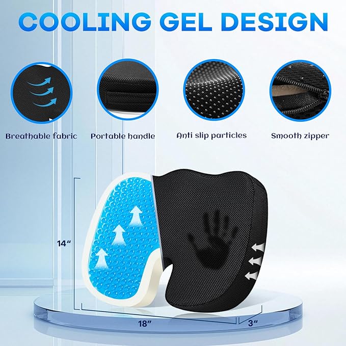 Gel Seat Cushion & Lumbar Support Pillow Set, Cooling Memory Foam for Tailbone & Sciatica Pain Relief, Ergonomic Office Chair Cushion with Breathable Mesh Cover for Car, Home, Wheelchair (Black)