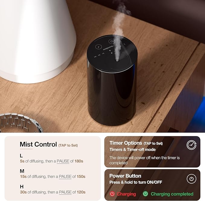 Waterless Essential Oil Diffuser, Battery Operated Aromatherapy Diffuser with 20mL Capacity, Mini Portable Scent Air Diffuser, 3 Countdown Timers & Mist Levels for Home Room Car Office, ANZ Black