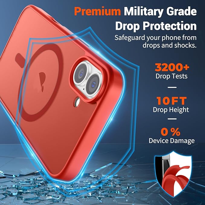 SUPFINE Magnetic for iPhone 16 Plus Case (Compatible with MagSafe) (Military Grade Drop Protection) Slim Translucent Matte Shockproof with Anti-Fingerprint Phone Case, Red