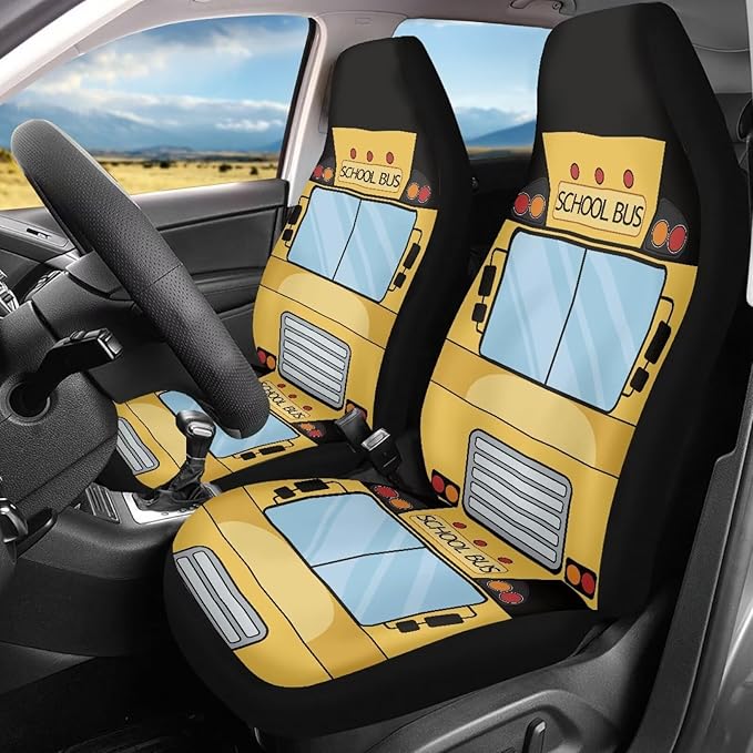 Car Seat Covers Set of 2 Universal Funny School Bus Front Seat Cover Fit for Cars Truck SUV Van, Stretch Polyester Fabric Cover Protection Interior Accessories, Easy to Install