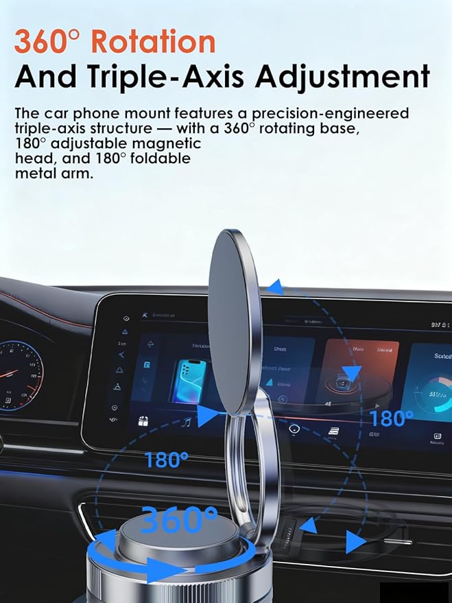 Vacuum Magnetic Car Phone Holder with Strong Magnets, 360° Adjustable Dash Cell Phone Holders, Foldabl Magsafe Car Mount with Vacuum Suction Cup for Cars/Gym/Mirror/Smooth Surface iOS Android, Silvery