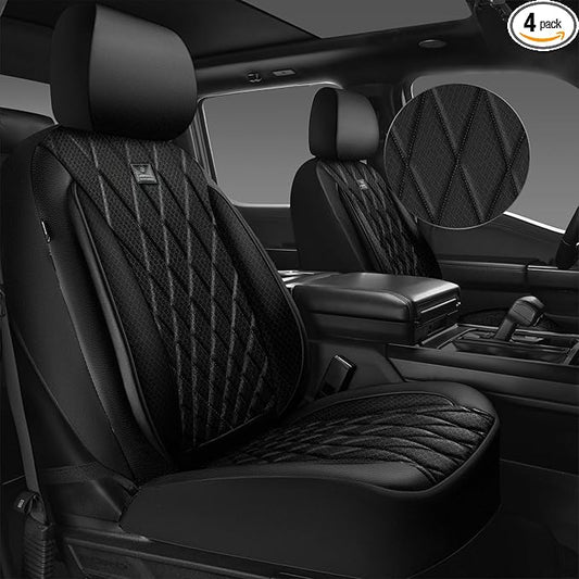 CAR PASS Thick Foam 3D Air Mesh Leather Car Seat Covers Front Seats Only, Luxury Breathable Premuim PU Leather Two Front Seat Covers,Airbag Compatible Universal Fit for 95% Sedan Van Truck SUV, Black